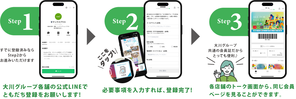 QRコードを読み取り、お友だち登録し、必要事項を入力して登録完了